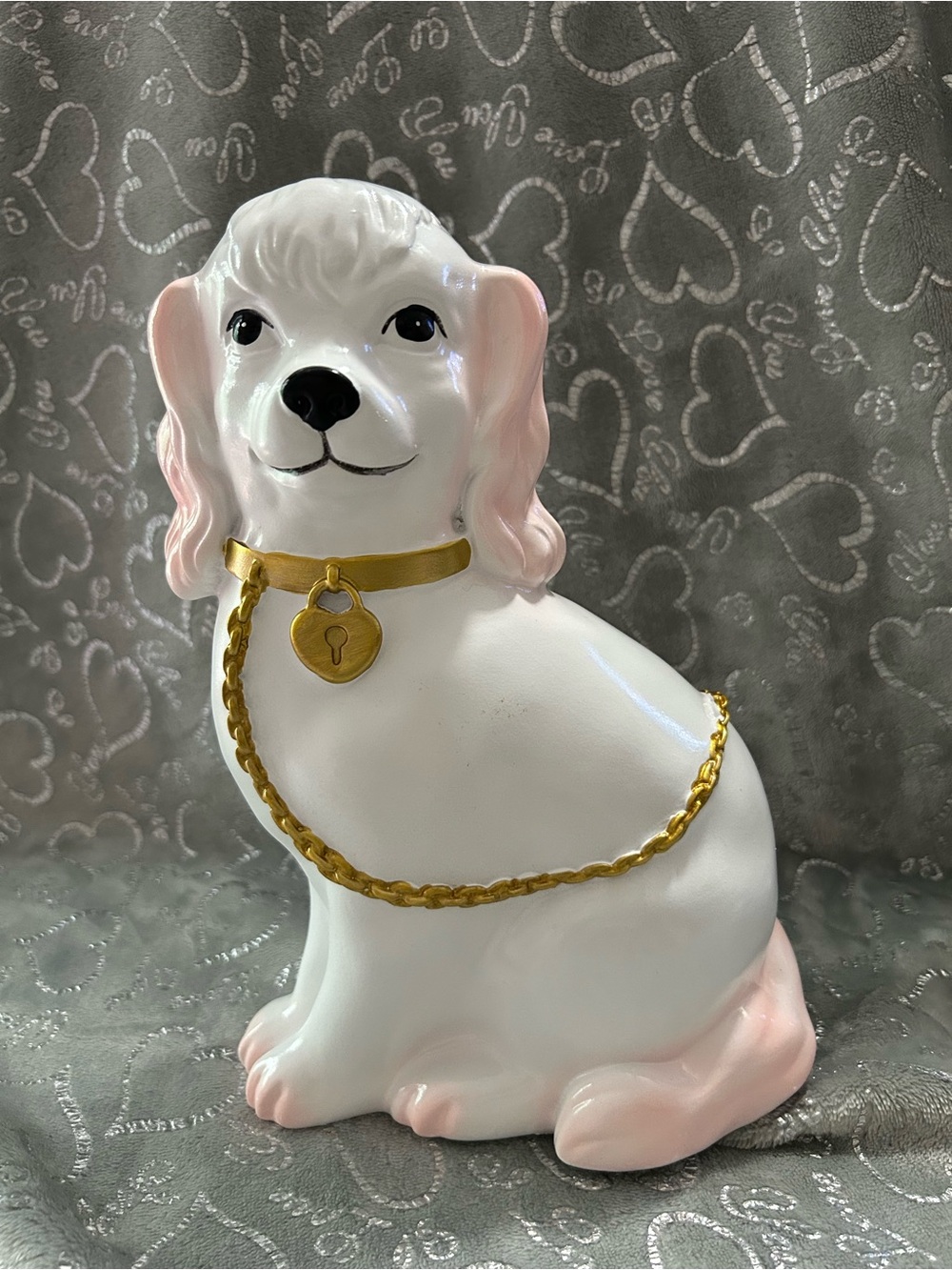 NEW 11” White Staffordshire Decorative Ceramic Dog w/Gold Collar & Leash